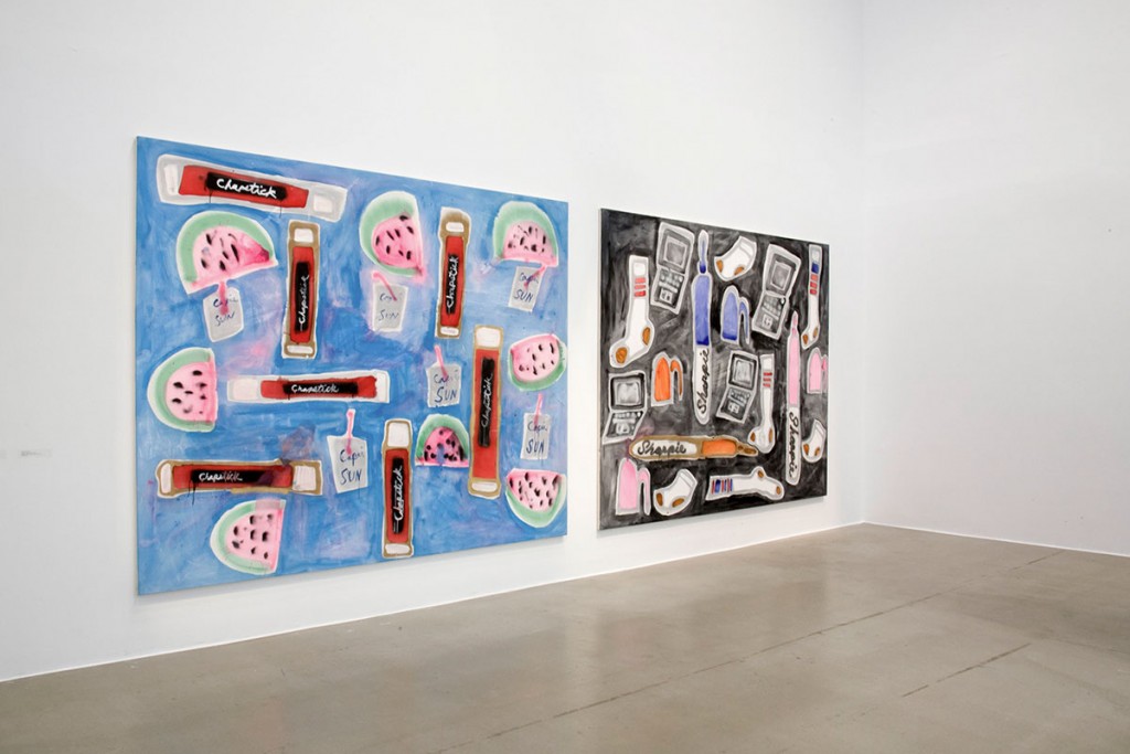 Paintings by Katherine Bernhardt on view in Full of Peril and Weirdness: Painting as a Universalism at M WOODS, Beijing, 2015-16. Courtesy of M WOODS.