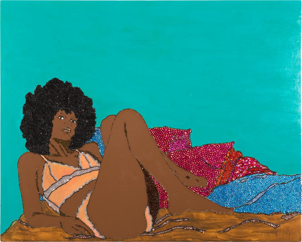 One of the top lots of Paddle8's upcoming Post-War & Contemporary Art sale this July focusing on Contemporary Figuration. Featured here: Mickalene Thomas, Love, Livin, & Givin, 2004, rhinestones, acrylic, and enamel on wood, 48 x 60 inches.