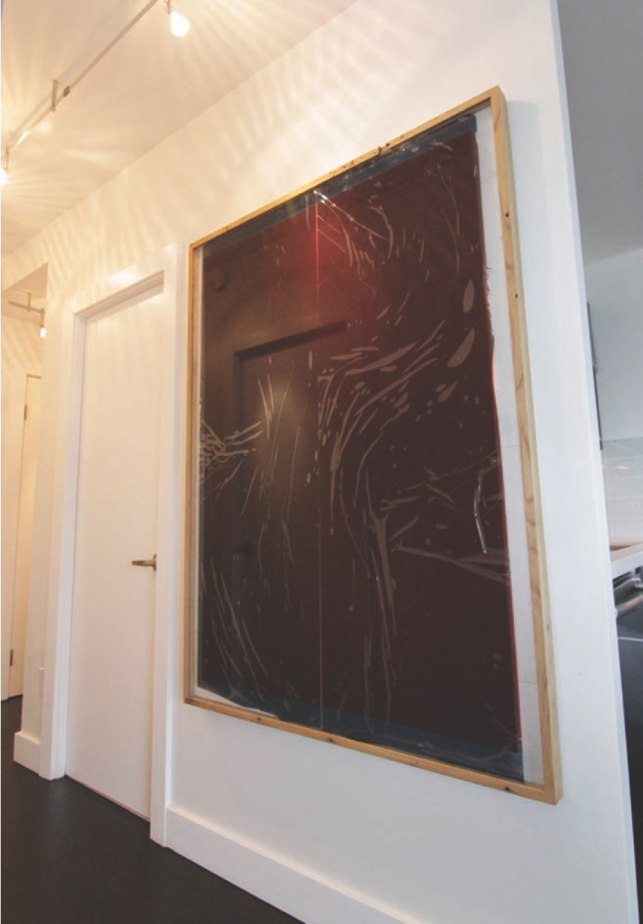 Graham Collins, C Monster III, 2014. Spray enamel on canvas with reclaimed wood, glass, and window tint in artist’s frame, 61 x 45.25 inches.